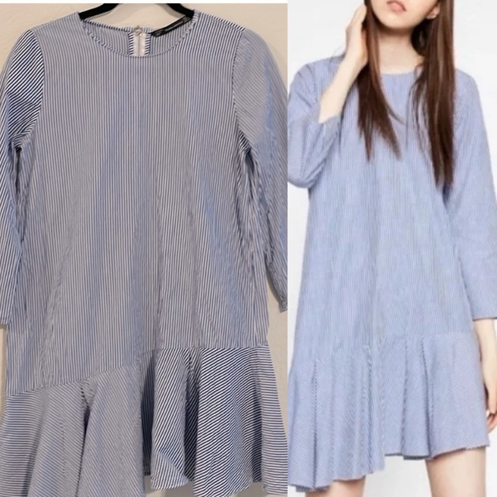 Zara Women Dress Small Blue & White Striped Trafaluc Longline Lagenlook Preppy